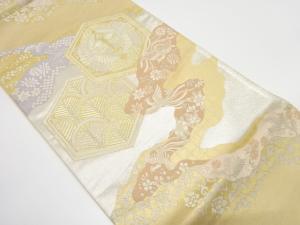 道長取りに向かい鴛鴦・草花模様織り出し　袋帯